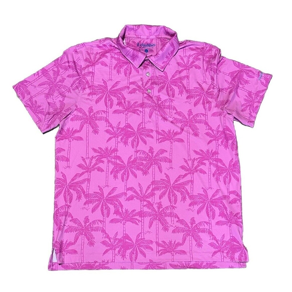 Chubbies Polo Shirt Mens Pink Palm Trees Performance Stretch Golf Casual Sz L
